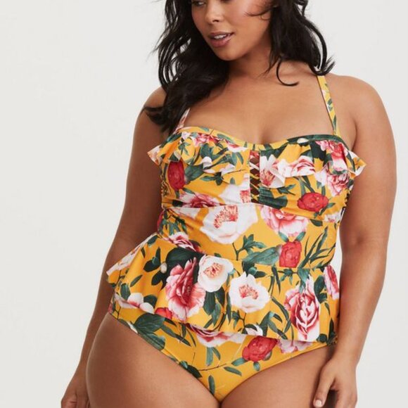 torrid Other - TORRID size 4 one piece bathing suit - yellow with pink roses